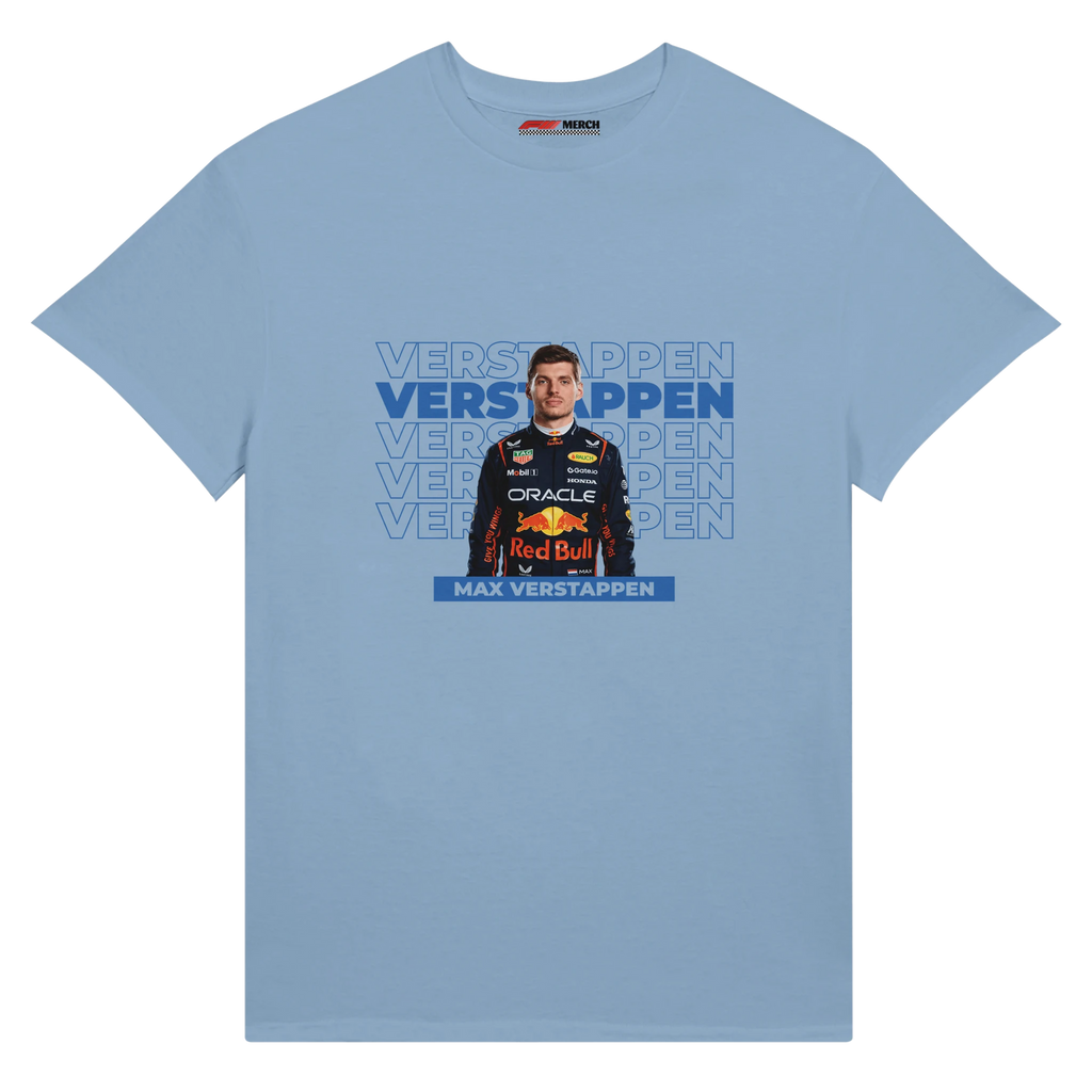 f111 merch light-blue color t-shirt with verstappen branding.