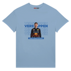 f111 merch light-blue color t-shirt with verstappen branding.