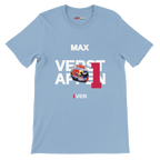 f111 merch light-blue color t-shirt with verstappen branding.