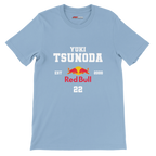 f111 merch light-blue color t-shirt with yuki-tsunoda branding.