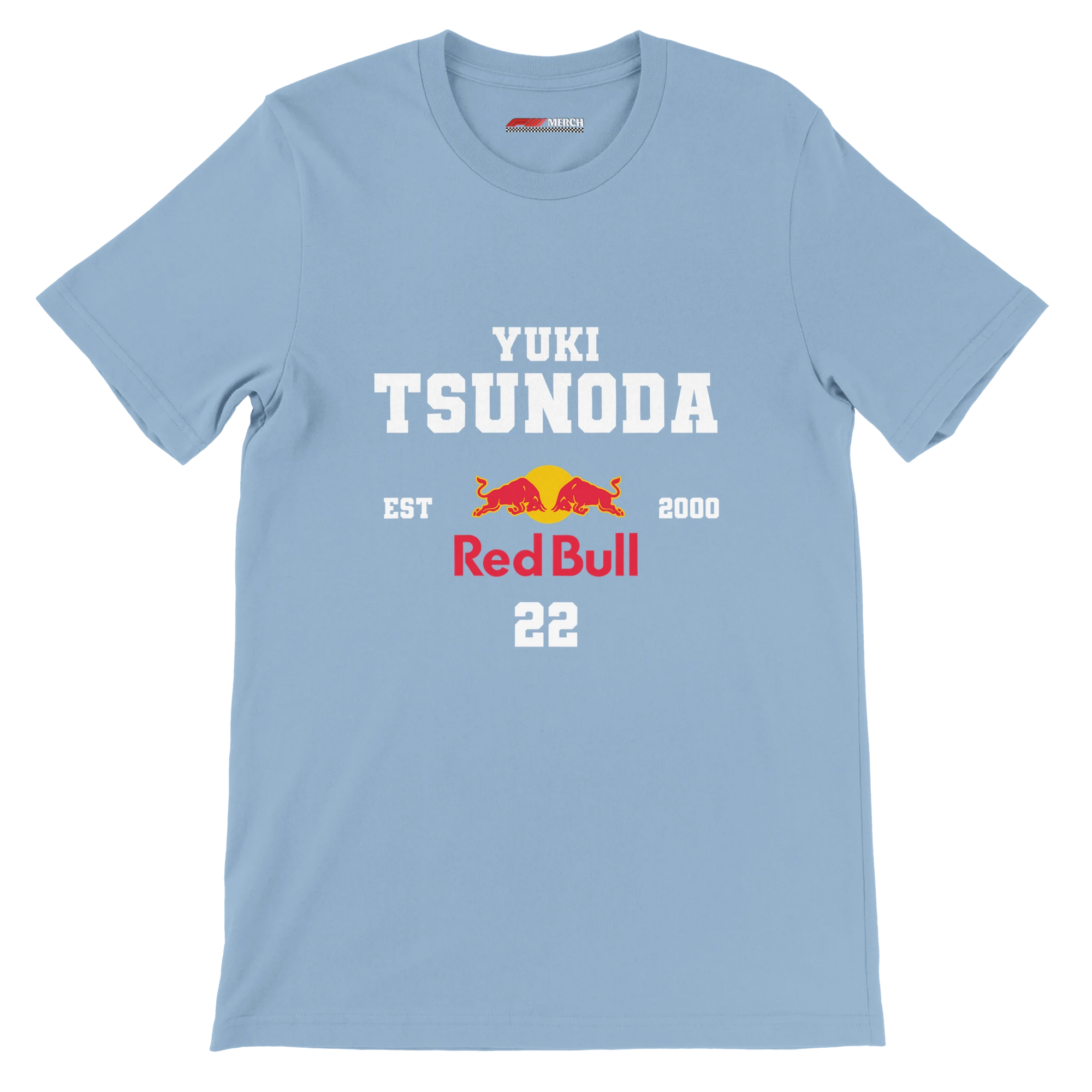 f111 merch light-blue color t-shirt with yuki-tsunoda branding.