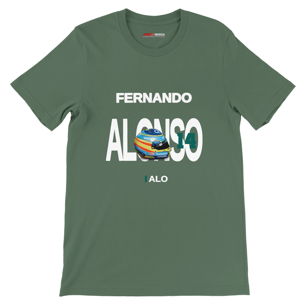 f111 merch military-green color t-shirt with alonso branding.