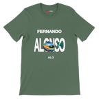 f111 merch military-green color t-shirt with alonso branding.
