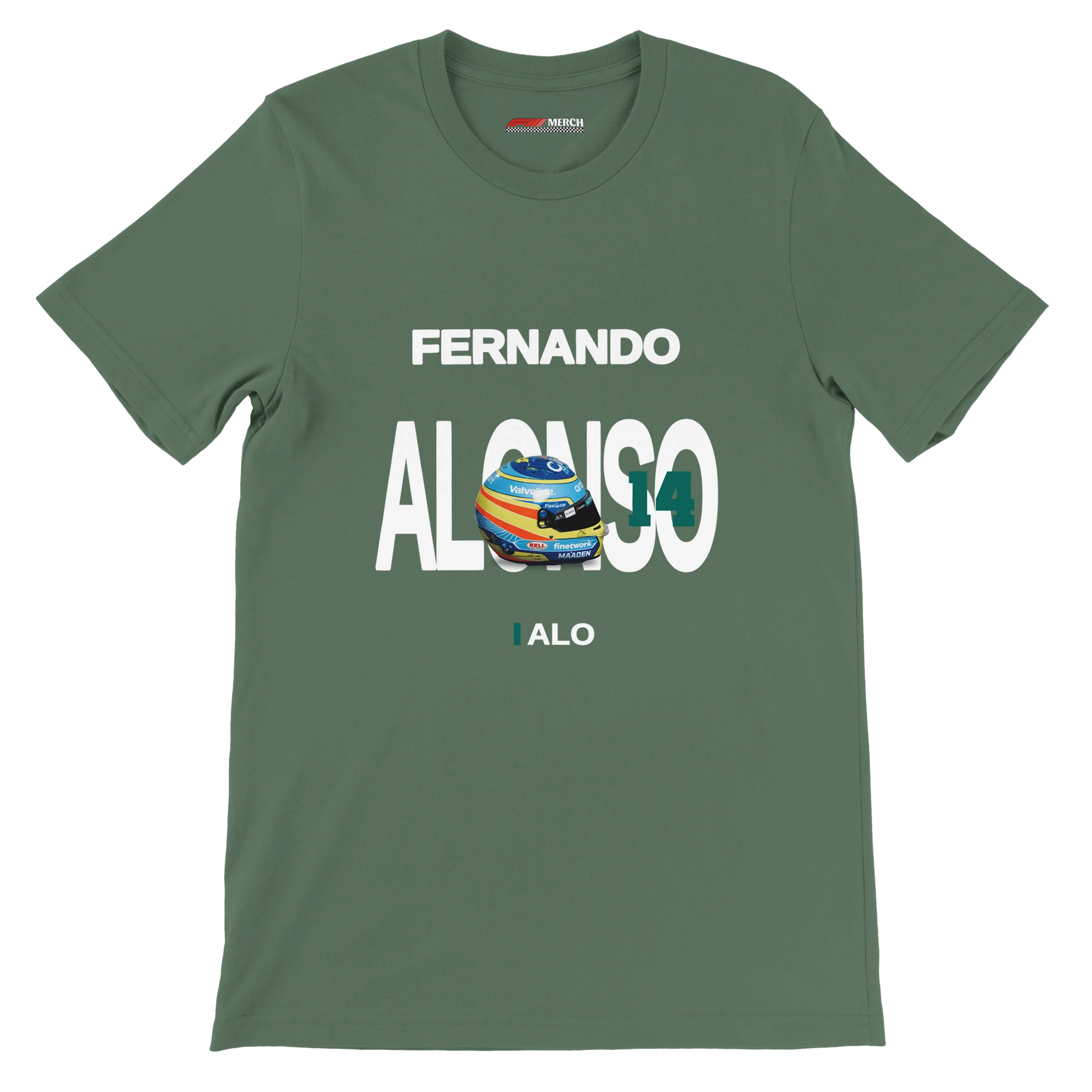 f111 merch military-green color t-shirt with alonso branding.