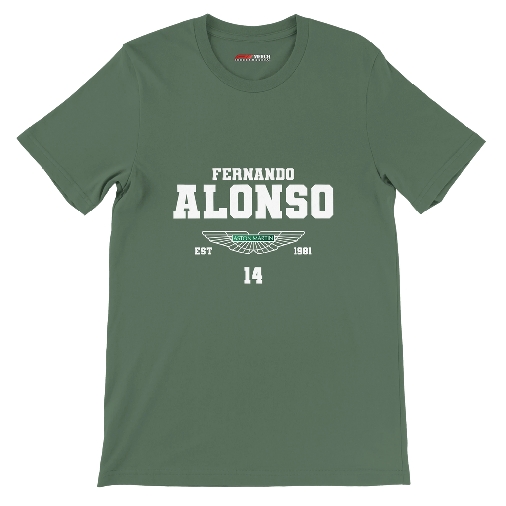 f111 merch military-green color t-shirt with fernando-alonso branding.
