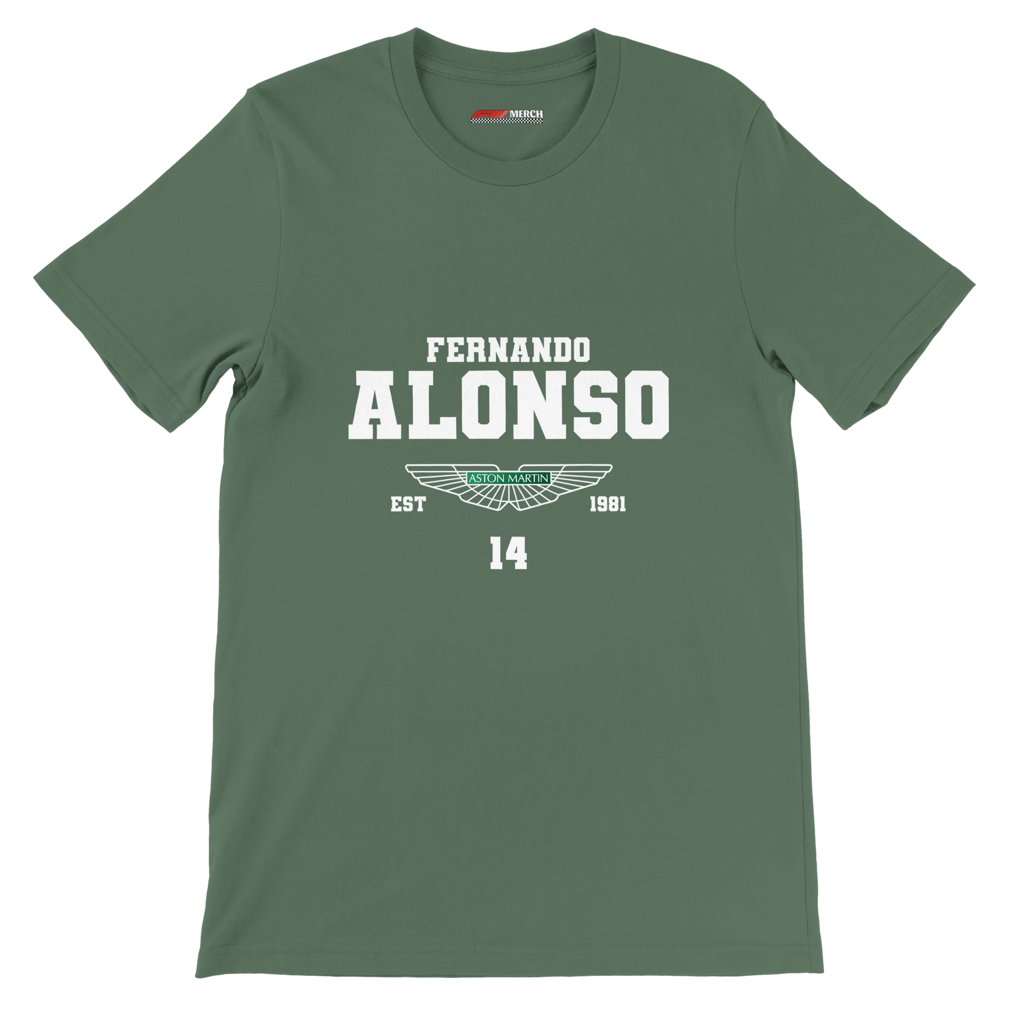 f111 merch military-green color t-shirt with fernando-alonso branding.
