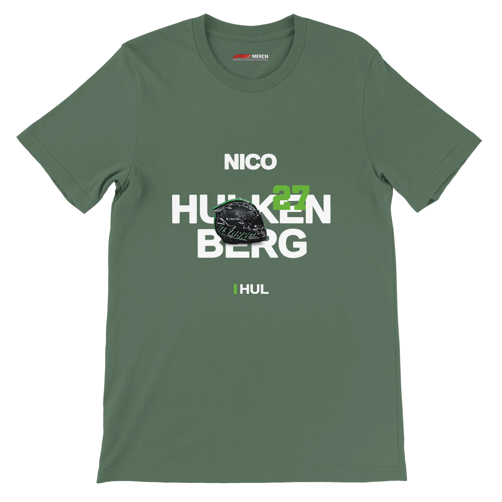f111 merch military-green color t-shirt with hulkenberg branding.