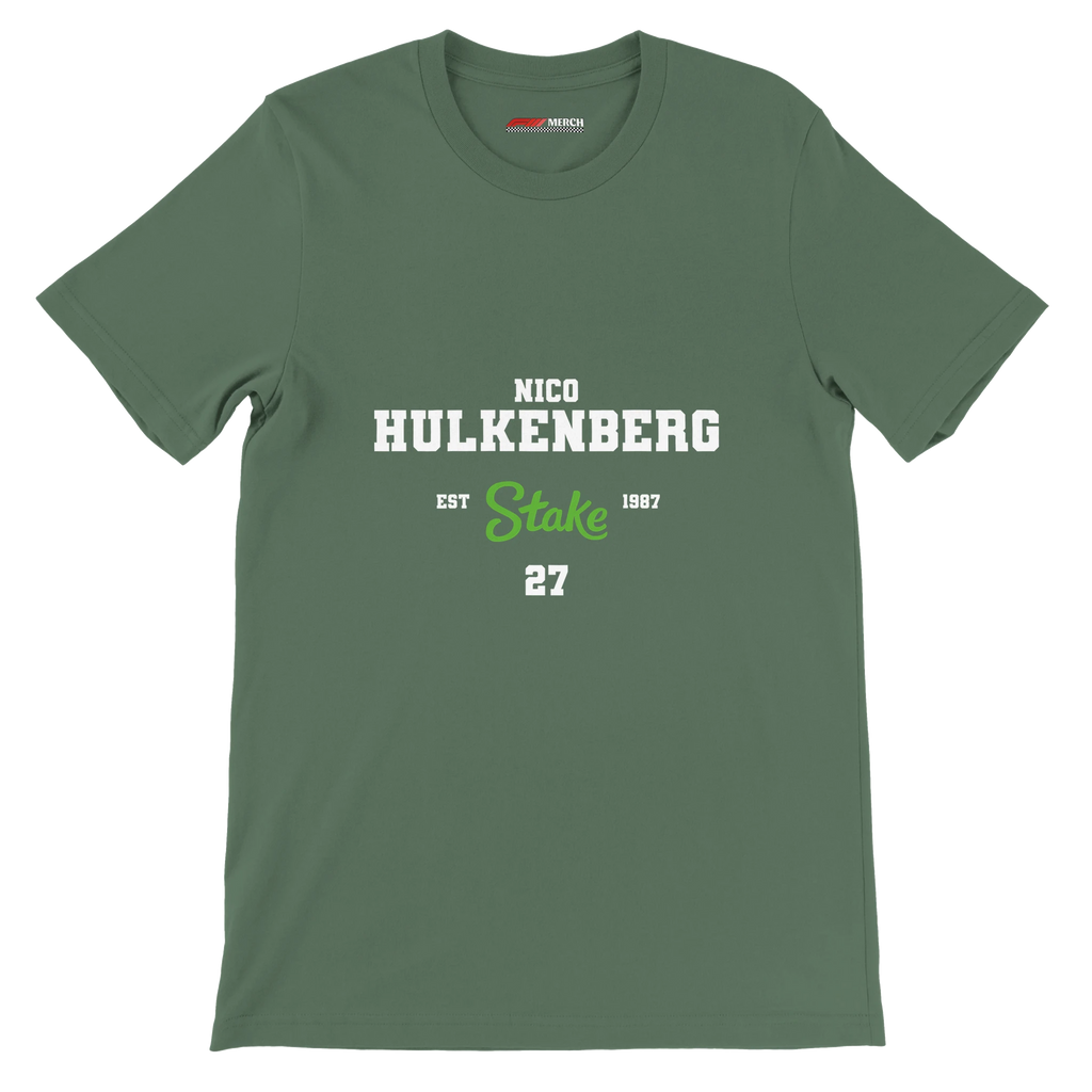 f111 merch military-green color t-shirt with nico-hulkenberg branding.