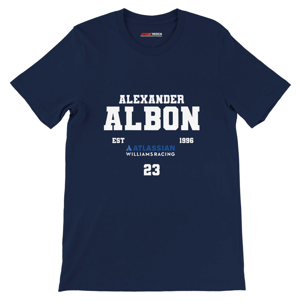 f111 merch navy color t-shirt with alex-albon branding.