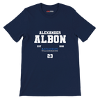 f111 merch navy color t-shirt with alex-albon branding.
