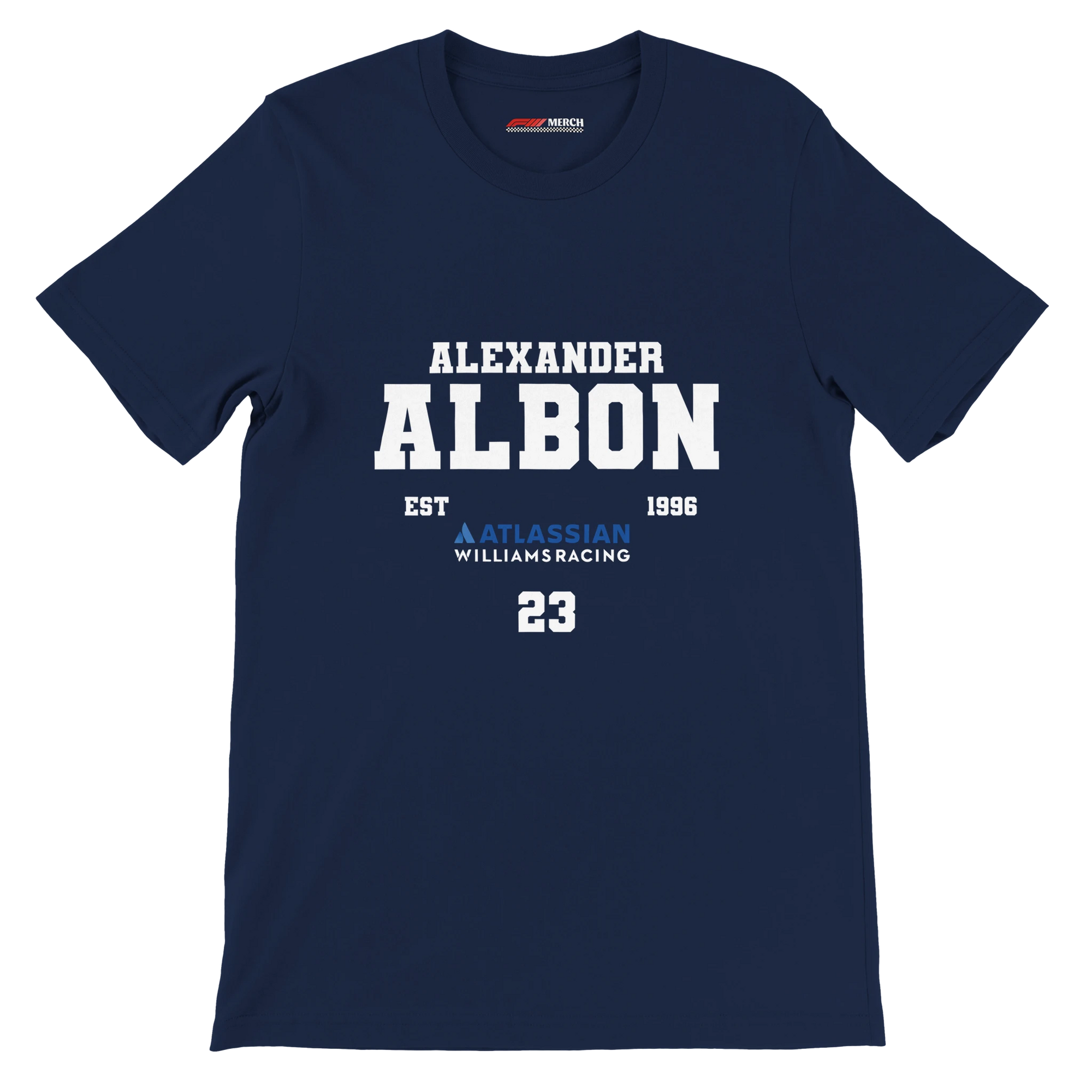 f111 merch navy color t-shirt with alex-albon branding.