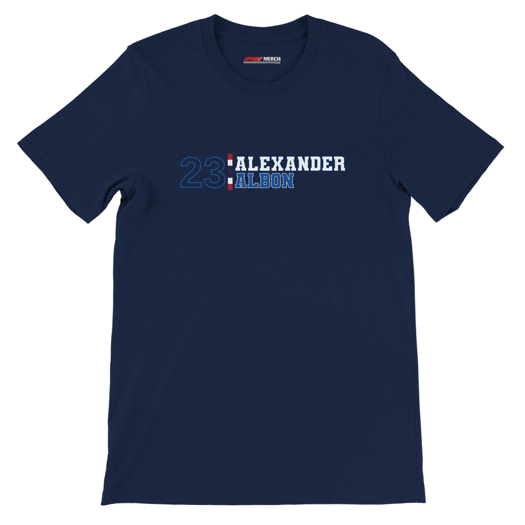 f111 merch navy color t-shirt with alex-albon branding.