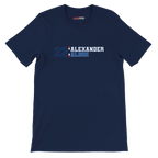 f111 merch navy color t-shirt with alex-albon branding.