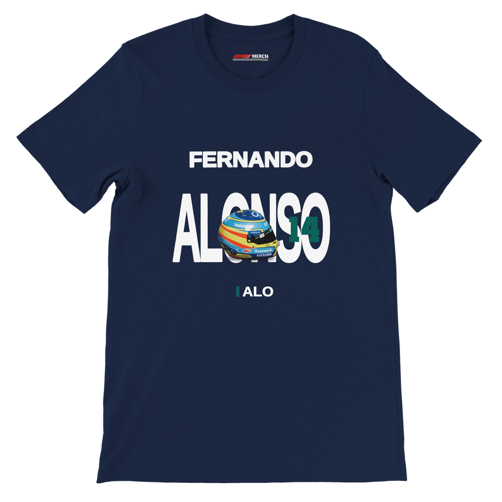 f111 merch navy color t-shirt with alonso branding.