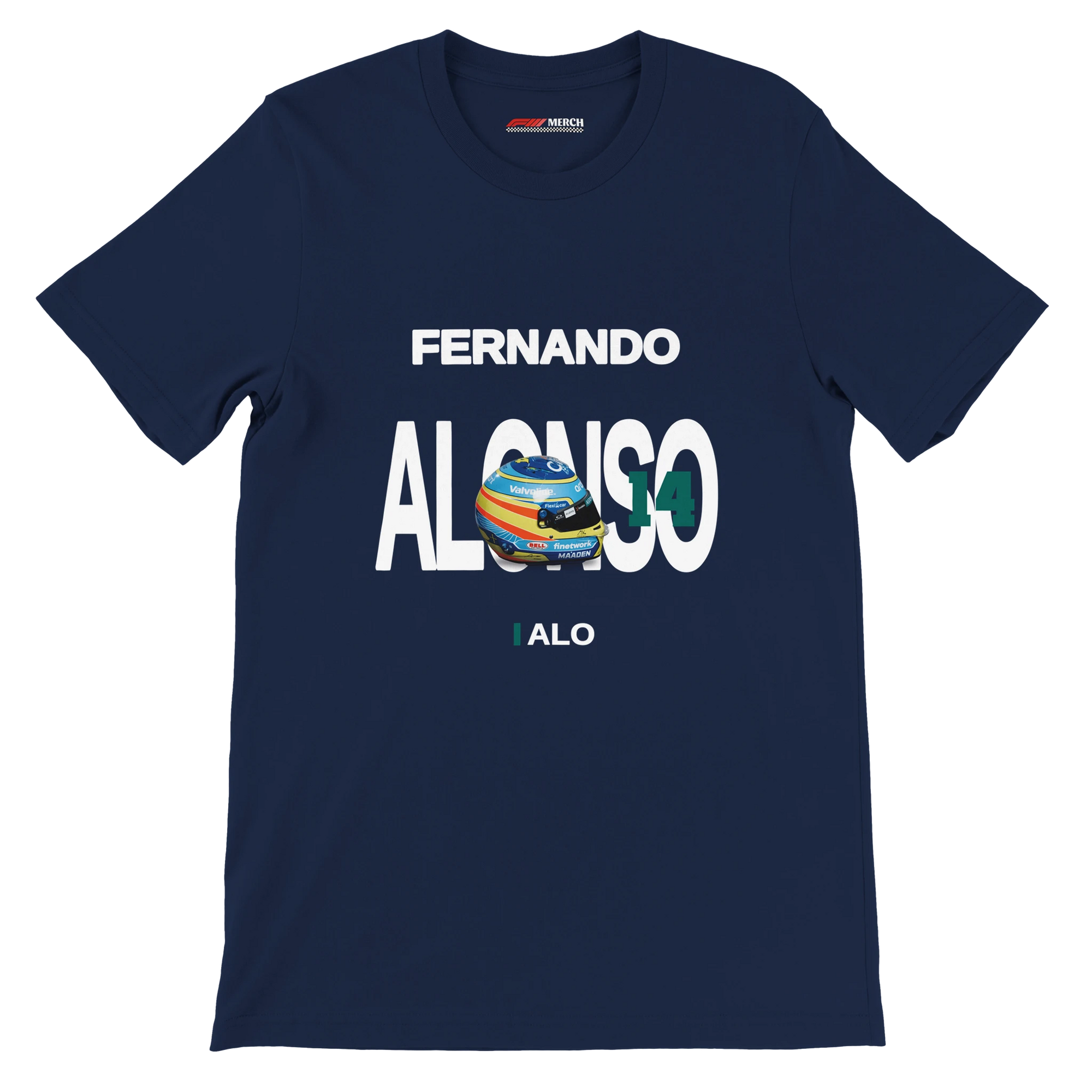 f111 merch navy color t-shirt with alonso branding.