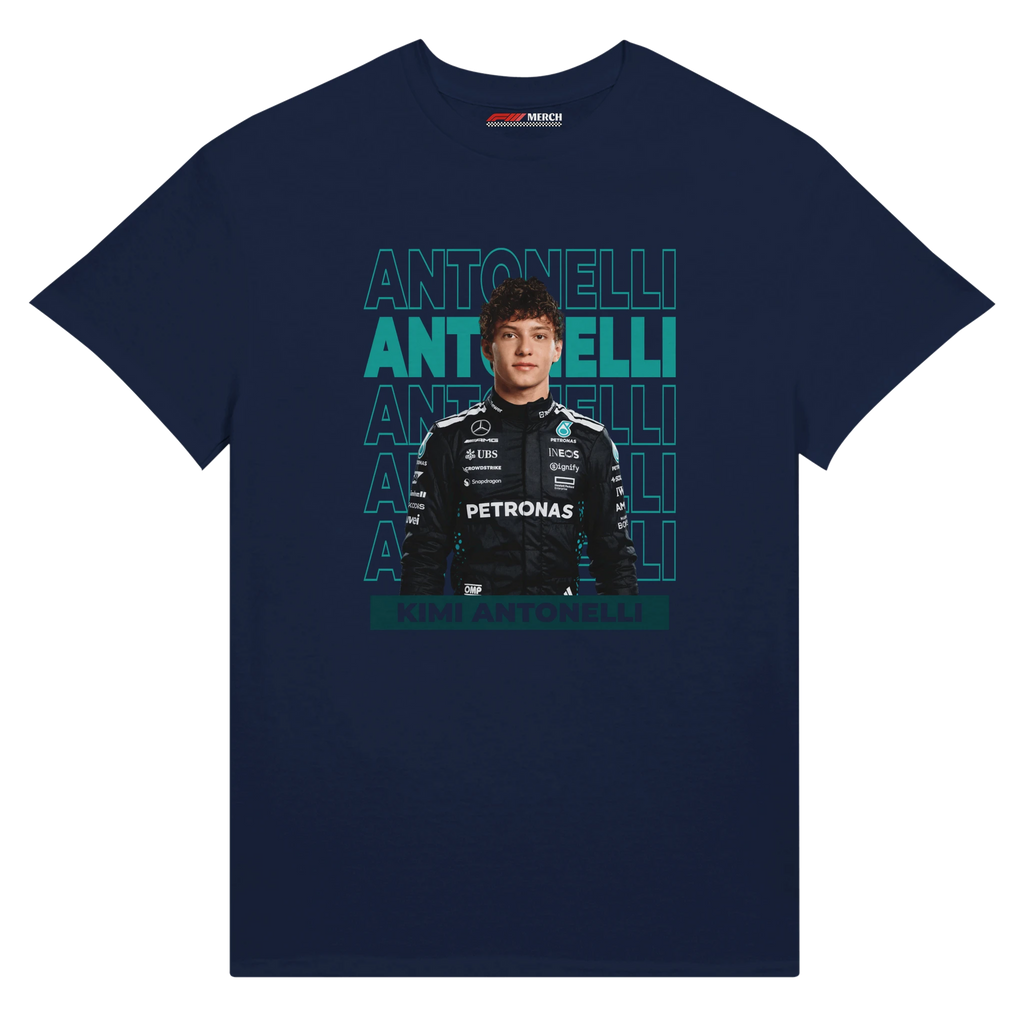 f111 merch navy color t-shirt with antonelli branding.