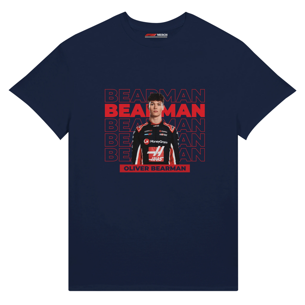 f111 merch navy color t-shirt with bearman branding.