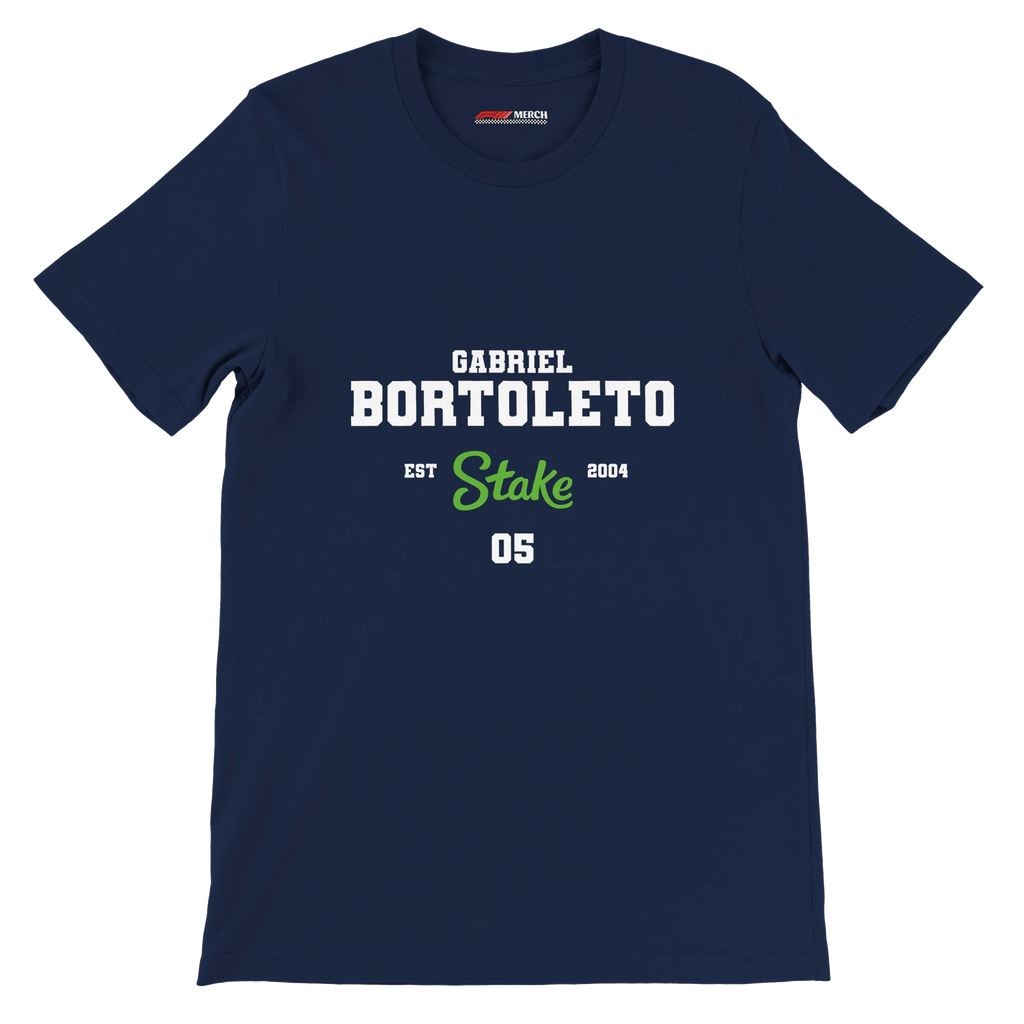 f111 merch navy color t-shirt with bortoleto branding.