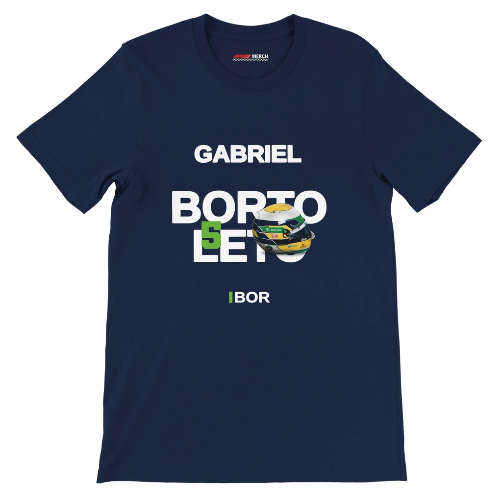 f111 merch navy color t-shirt with bortoleto branding.