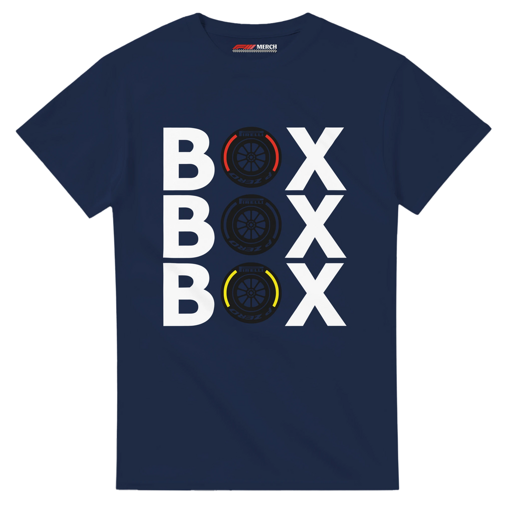 f111 merch navy color t-shirt with box-box-box branding.