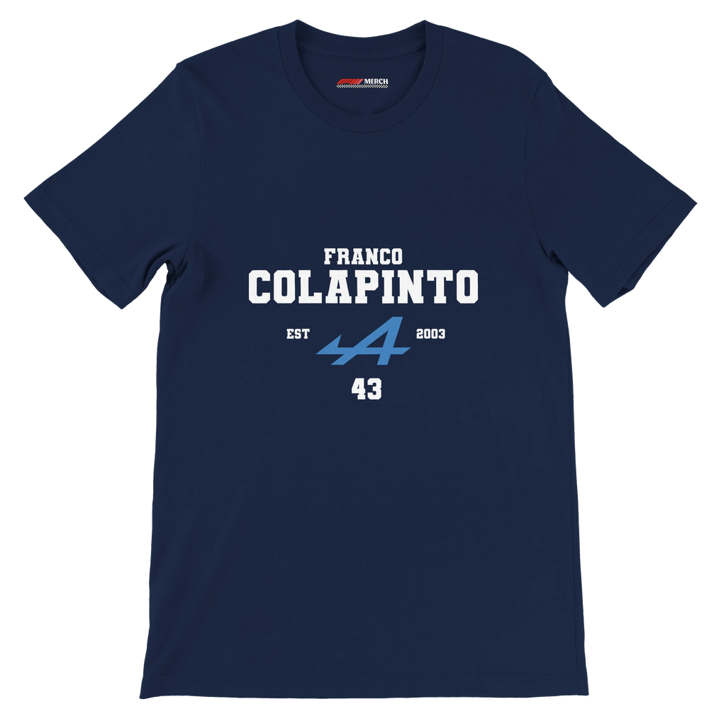 f111 merch navy color t-shirt with colapinto branding.