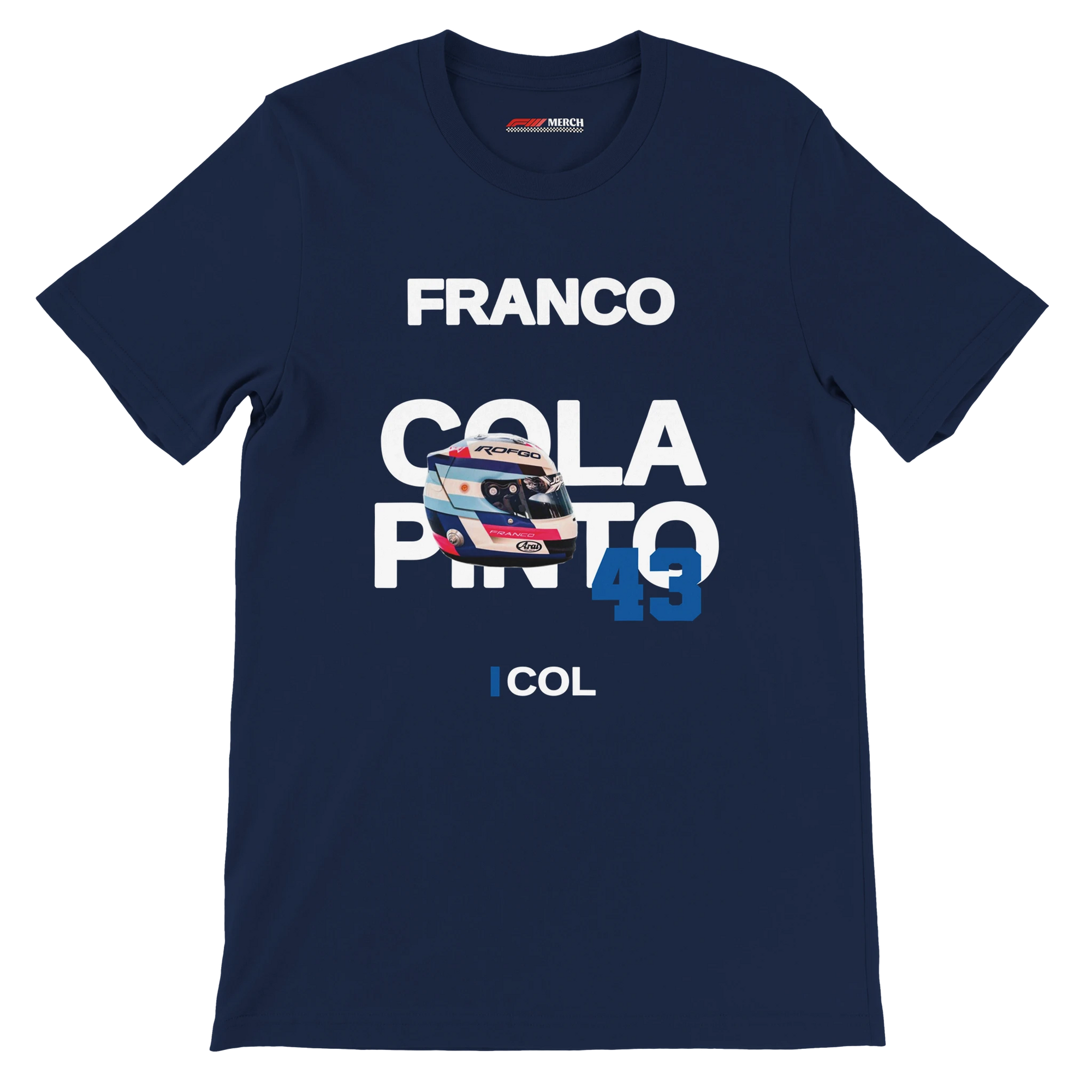 f111 merch navy color t-shirt with colapinto branding.