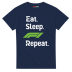 f111 merch navy color t-shirt with eat-sleep-f1-repeat-green branding.