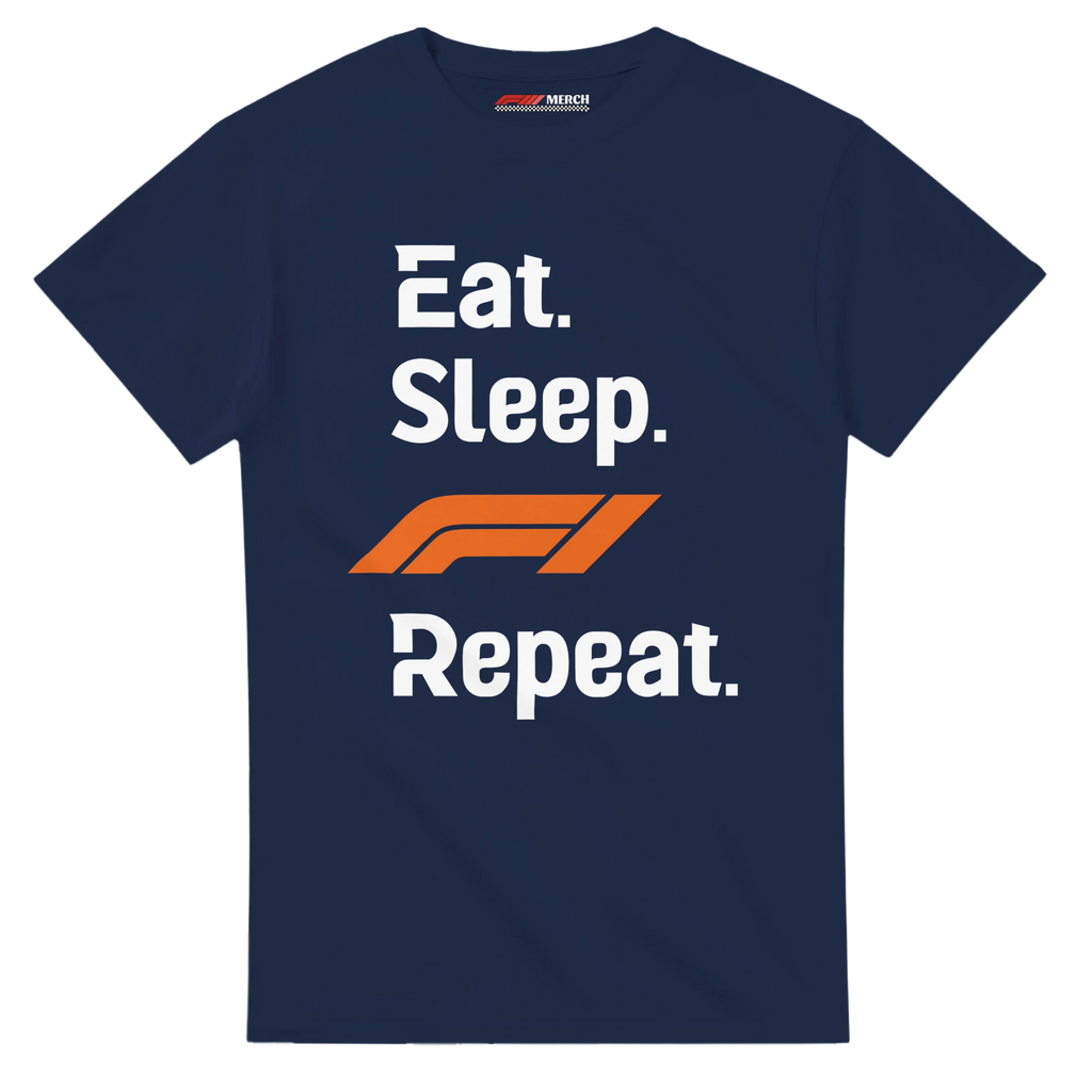 f111 merch navy color t-shirt with eat-sleep-f1-repeat-orange branding.