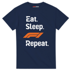 f111 merch navy color t-shirt with eat-sleep-f1-repeat-orange branding.