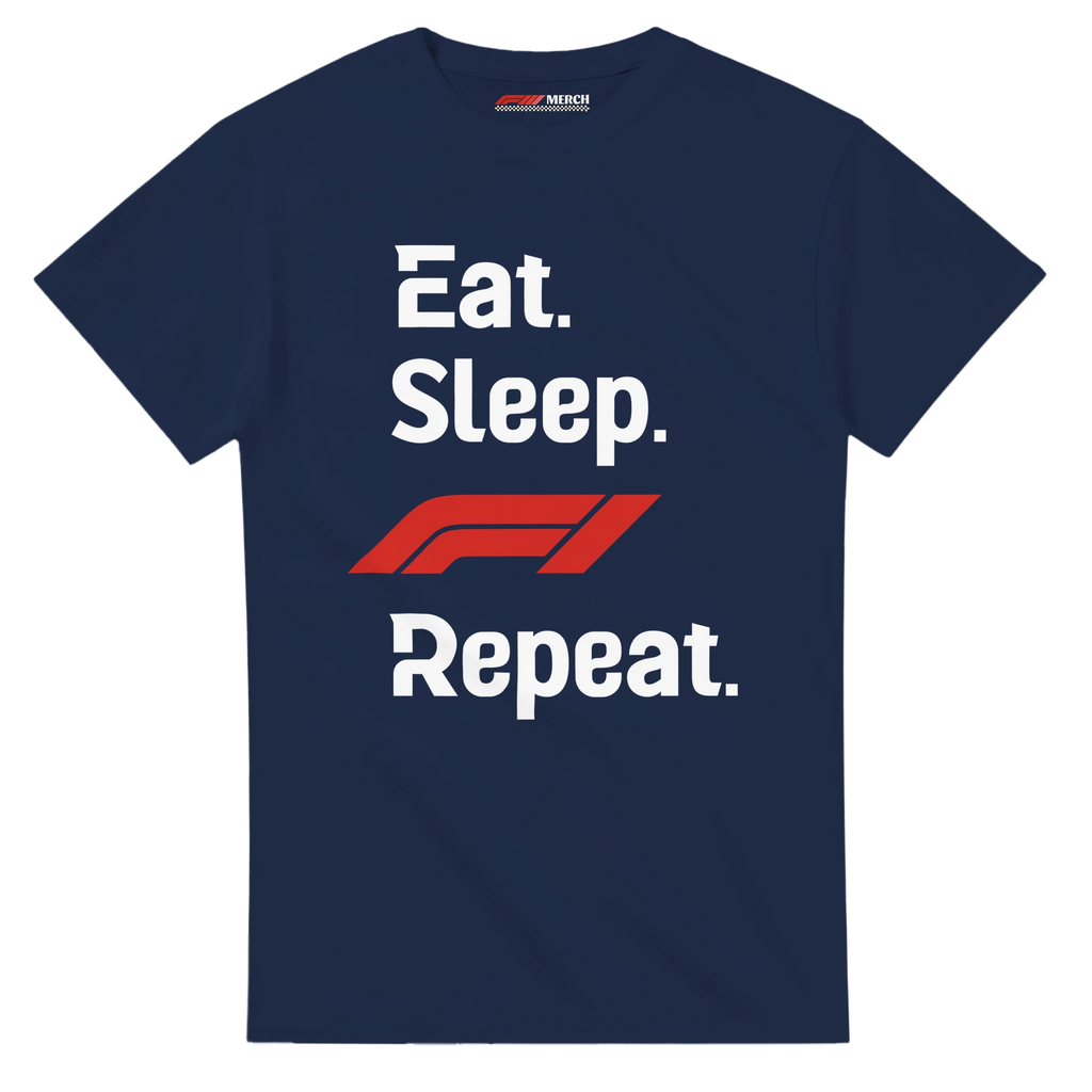 f111 merch navy color t-shirt with eat-sleep-f1-repeat-red branding.