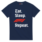 f111 merch navy color t-shirt with eat-sleep-f1-repeat-red branding.