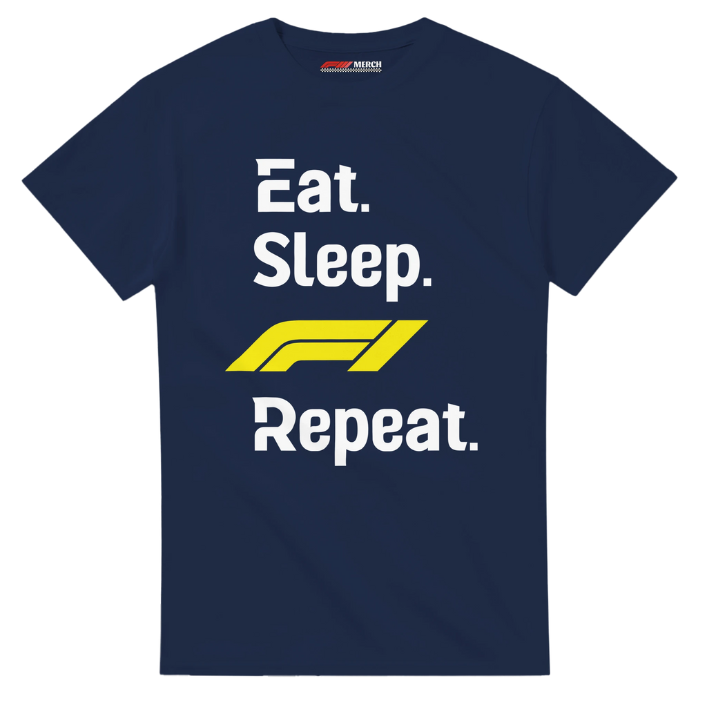 f111 merch navy color t-shirt with eat-sleep-f1-repeat-yellow branding.