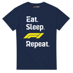 f111 merch navy color t-shirt with eat-sleep-f1-repeat-yellow branding.