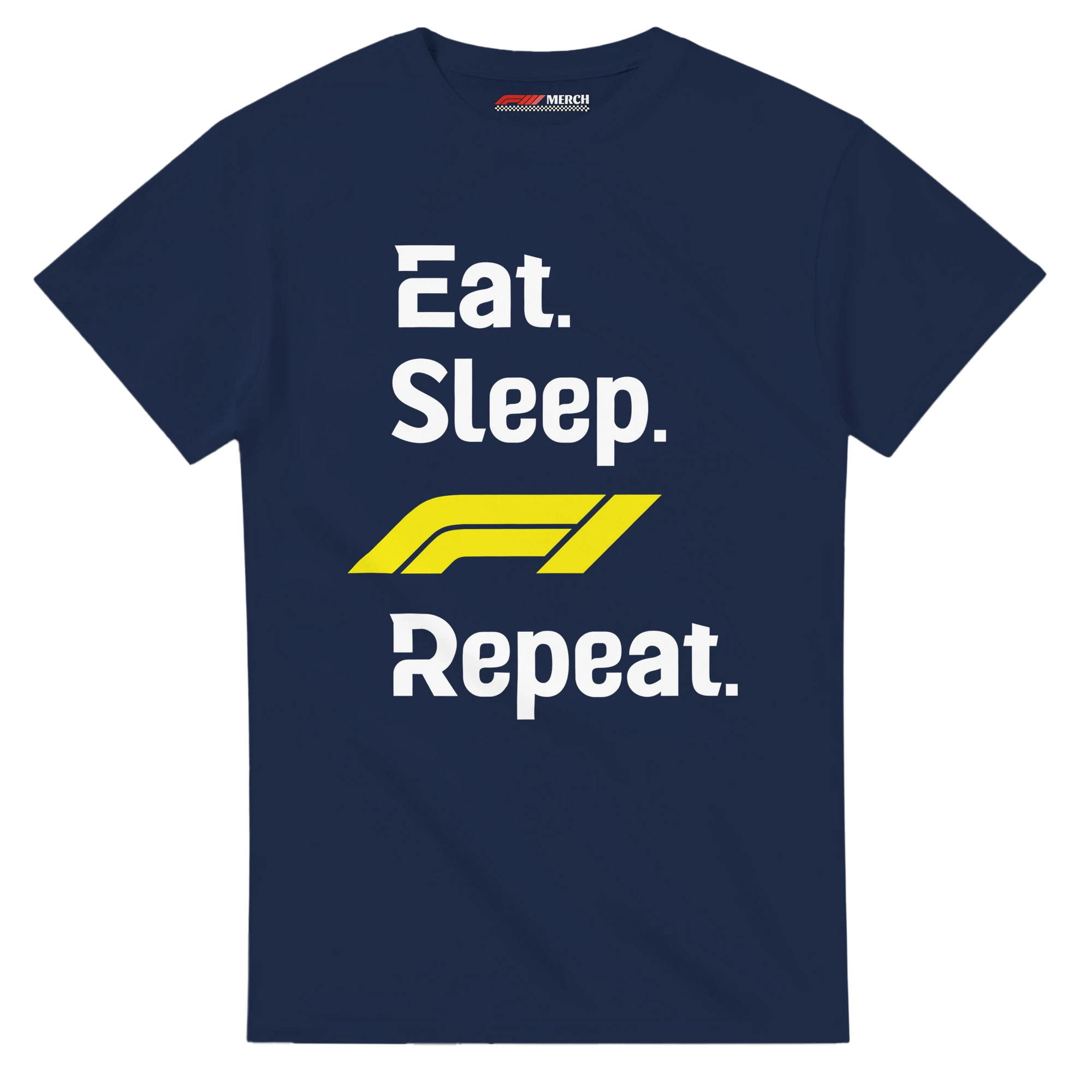 f111 merch navy color t-shirt with eat-sleep-f1-repeat-yellow branding.