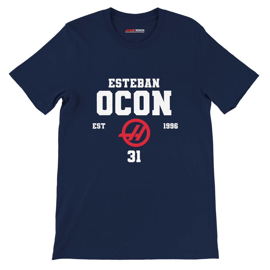 f111 merch navy color t-shirt with esteban-ocon branding.