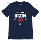 f111 merch navy color t-shirt with esteban-ocon branding.