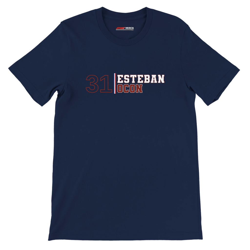 f111 merch navy color t-shirt with esteban-ocon branding.