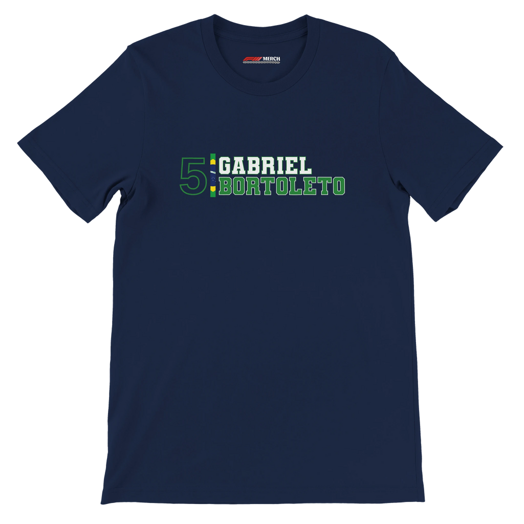 f111 merch navy color t-shirt with gabriel-bortoleto branding.