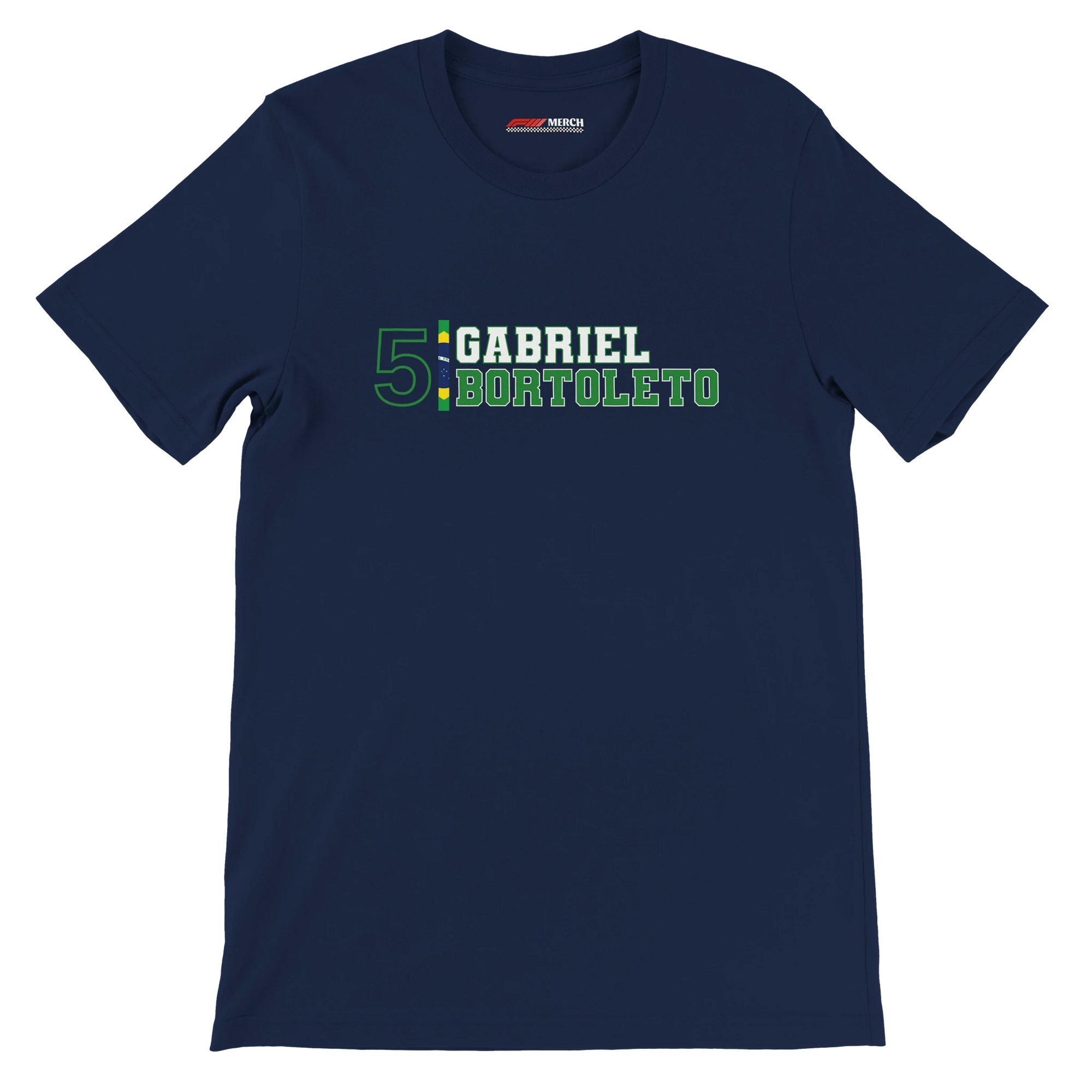 f111 merch navy color t-shirt with gabriel-bortoleto branding.