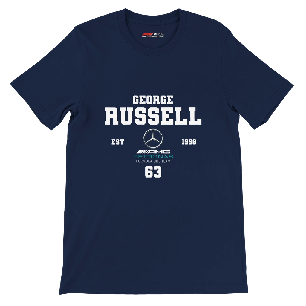 f111 merch navy color t-shirt with george-russell branding.