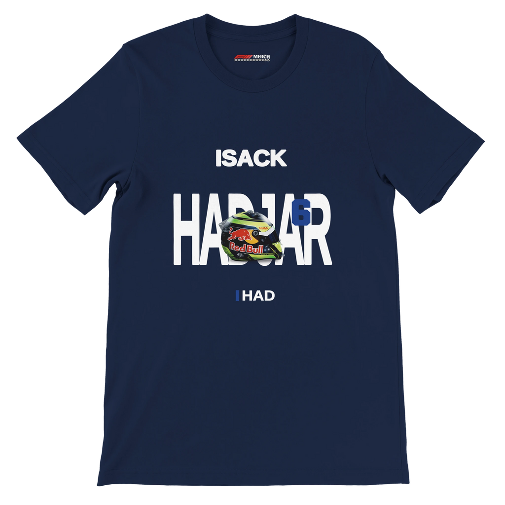 f111 merch navy color t-shirt with hadjar branding.
