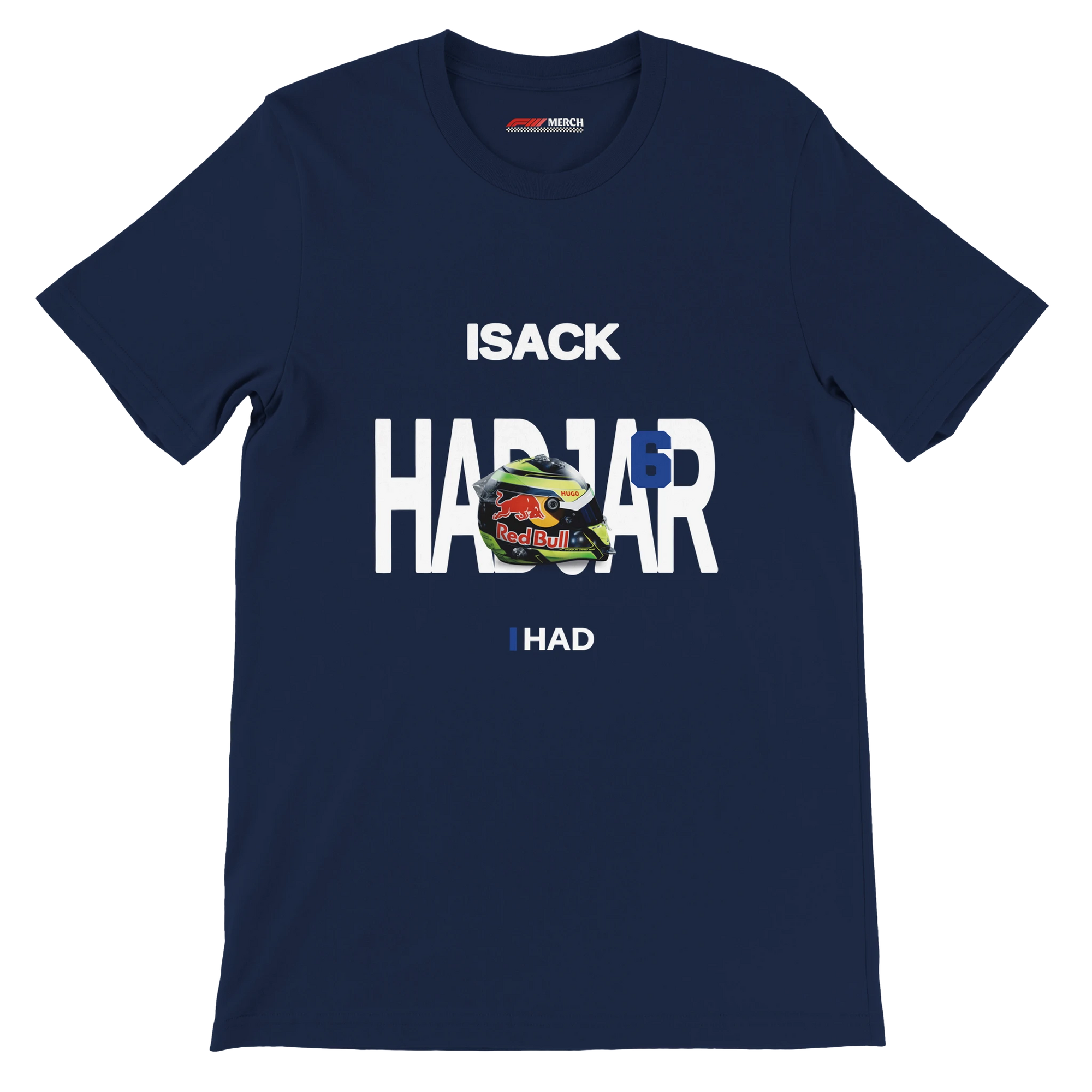 f111 merch navy color t-shirt with hadjar branding.