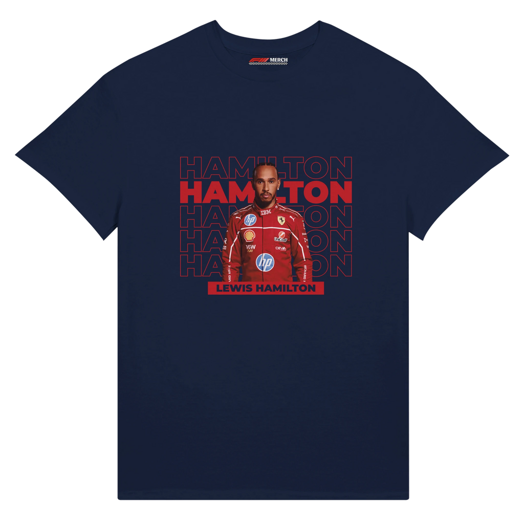 f111 merch navy color t-shirt with hamilton branding.
