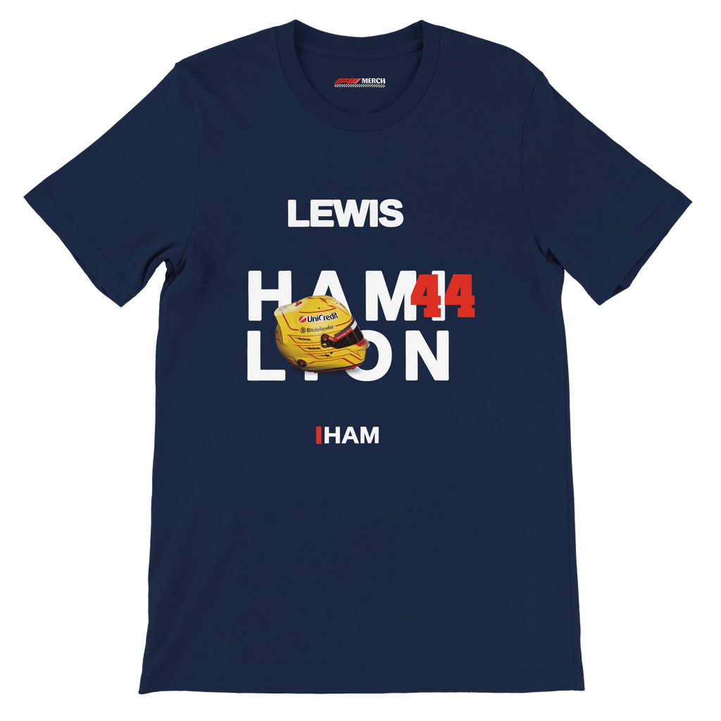 f111 merch navy color t-shirt with hamilton branding.