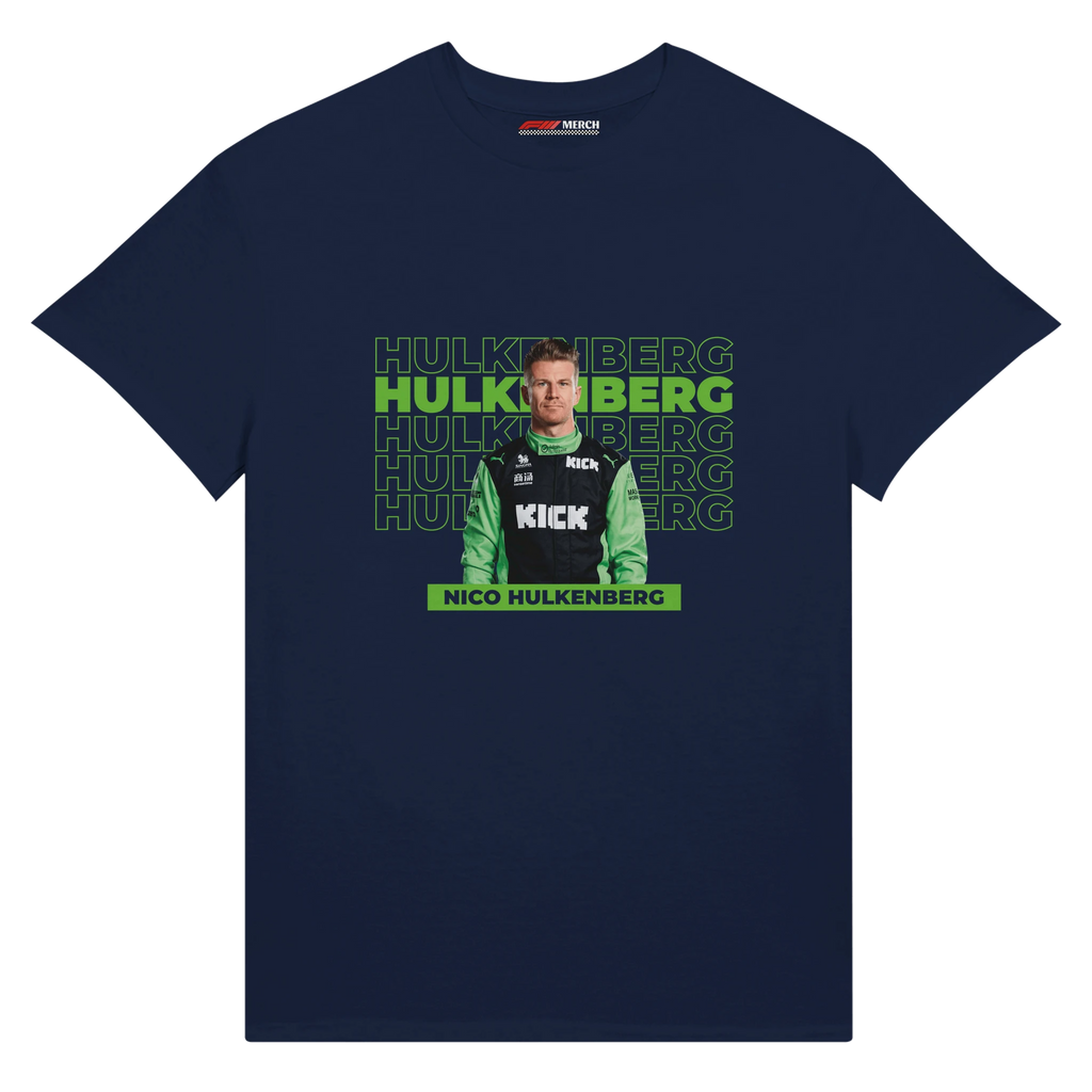 f111 merch navy color t-shirt with hulkenberg branding.