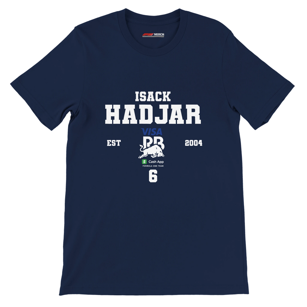 f111 merch navy color t-shirt with isack-hadjar branding.