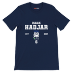 f111 merch navy color t-shirt with isack-hadjar branding.