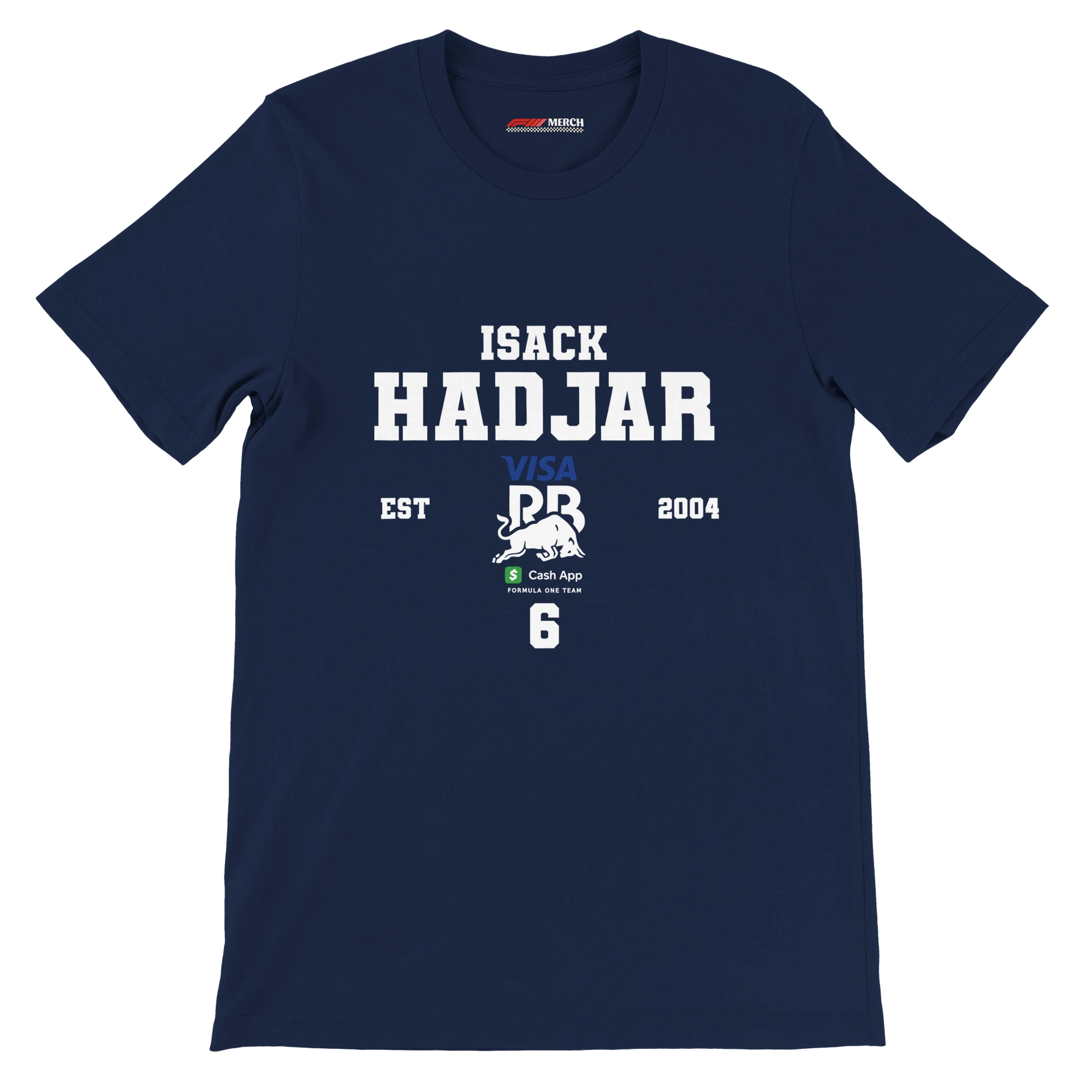 f111 merch navy color t-shirt with isack-hadjar branding.