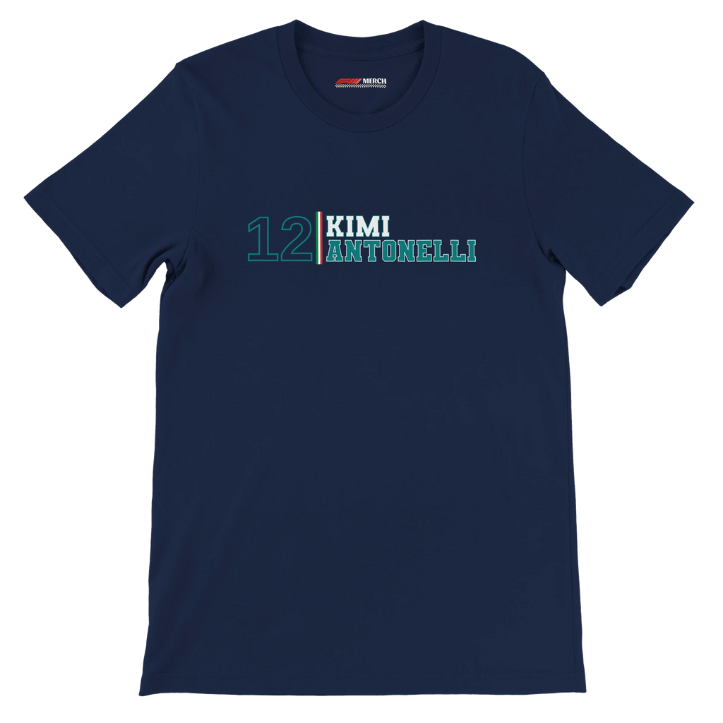 f111 merch navy color t-shirt with kimi-antonelli branding.
