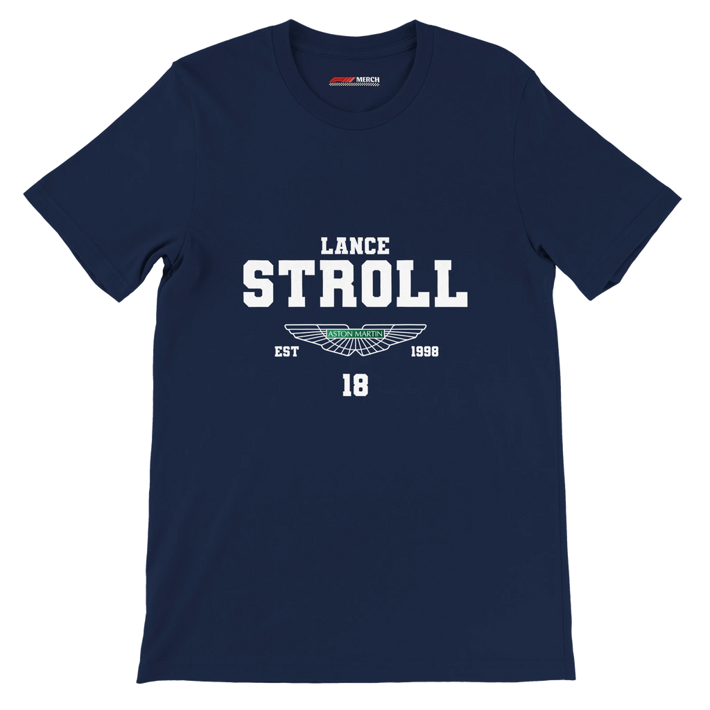 f111 merch navy color t-shirt with lance-stroll branding.
